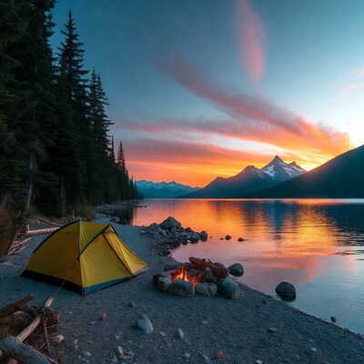 Yellow tent campfire by lake sunset
