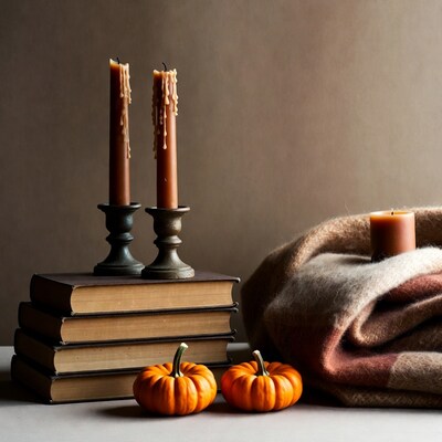 Autumn Candles Pumpkins Books Blanket