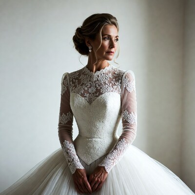 Blonde bride in lace wedding gown