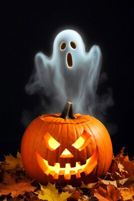 Jack-o-lantern with floating ghost