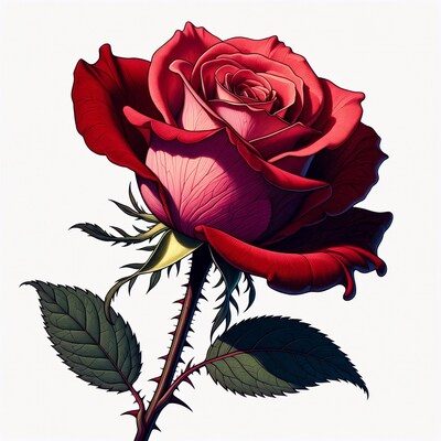 Red Rose with Stem and Thorns