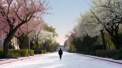 Man walking cherry blossom avenue
