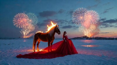 Woman in red gown with fiery horse