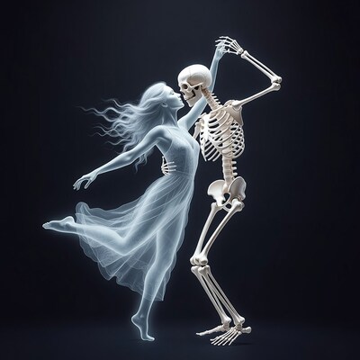 Ghostly woman dancing with skeleton
