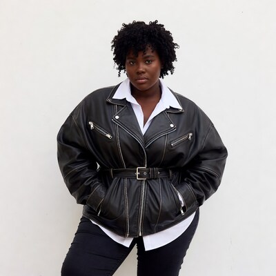 African-American woman in black leather jacket