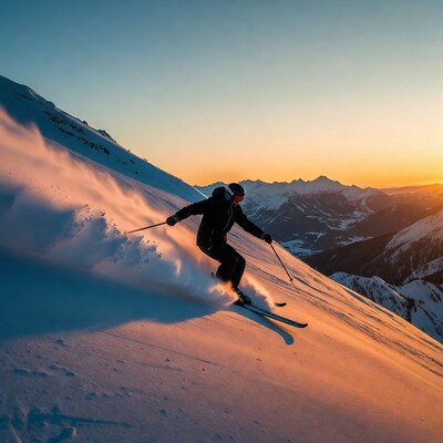 Man skiing down snowy mountain at sunset