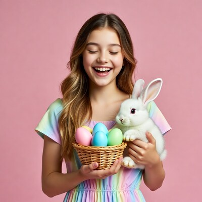 Girl holding bunny and Easter eggs