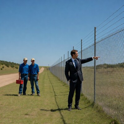 Businessman pointing at fence with workers
