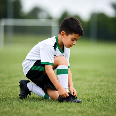 Asian boy tying soccer cleats
