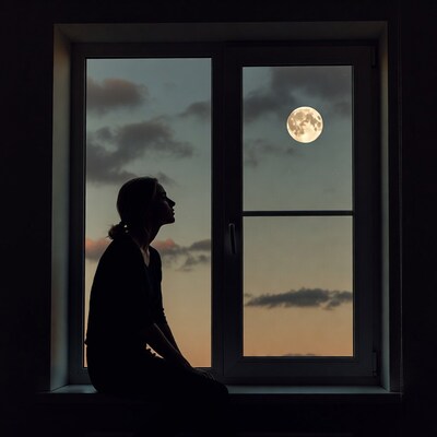 Woman silhouette gazing at moon through window