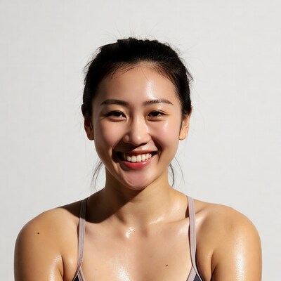 Smiling Asian woman in sports bra