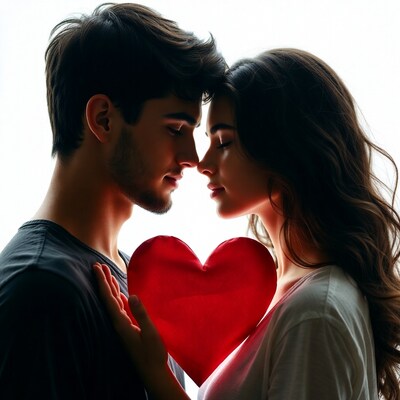 Couple holding red heart silhouette