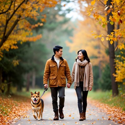 Asian couple walking dog in autumn forest