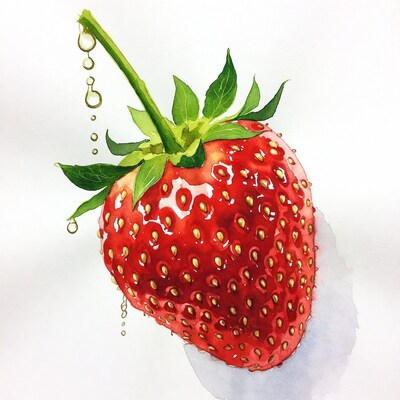 Watercolor strawberry with water droplets
