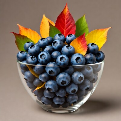 Blueberries with Autumn Leaves in Glass Bowl