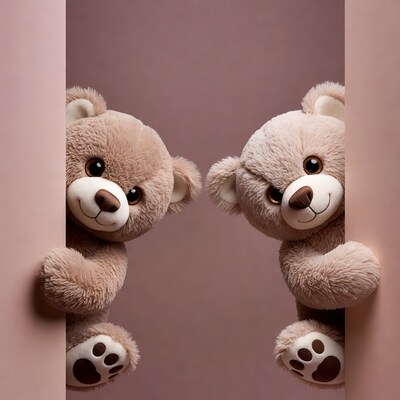 Two teddy bears peeking from walls