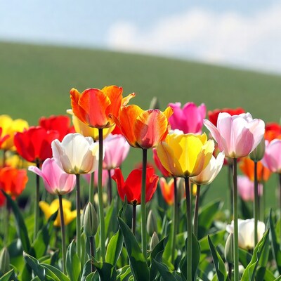 Colorful Tulips in Green Field