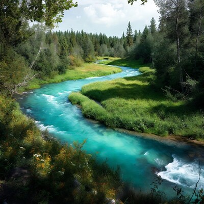 Turquoise River Winding Through Forest