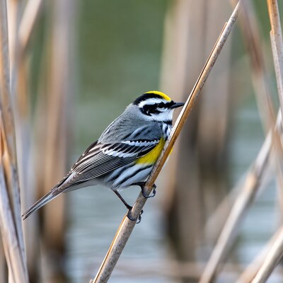 Yellow-rumped Warbler on cattail
