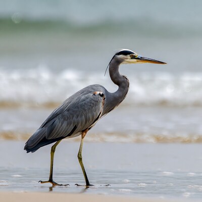 Great Blue Heron on beach shore