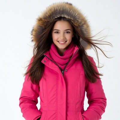 Girl smiling in pink fur hood jacket