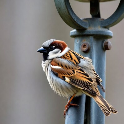 House sparrow perched on metal pole