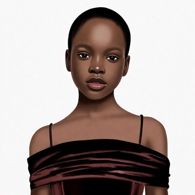 African-American woman in maroon off-shoulder dress