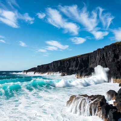 Turquoise waves crashing on black cliffs