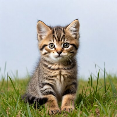 Cute tabby kitten sitting on grass