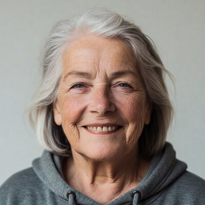 Elderly woman smiling in hoodie