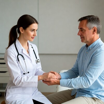 Female doctor holding hands with male patient