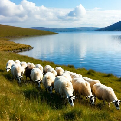 Sheep grazing by lake