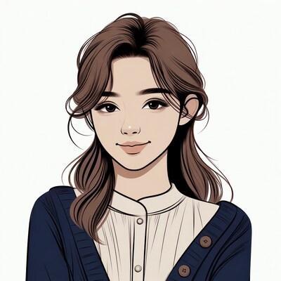 Asian woman in navy sweater smiling