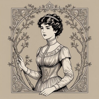 Victorian woman holding flower branch