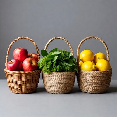 Red Apples, Parsley, Yellow Lemons in Baskets