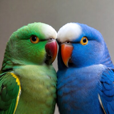 Green and blue lovebirds touching beaks