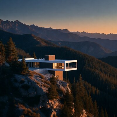Modern house on mountain cliff at sunset