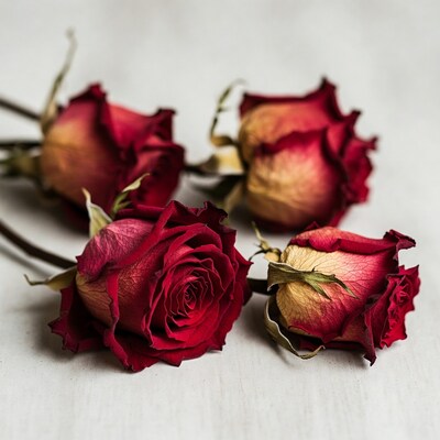 Wilted red roses on white background