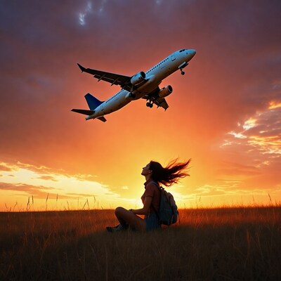 Woman watching airplane sunset field