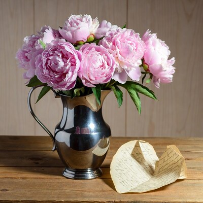 Pink Peonies in Silver Pitcher with Letter