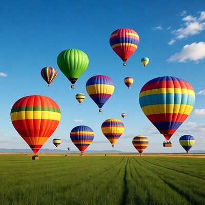 Colorful hot air balloons over green field