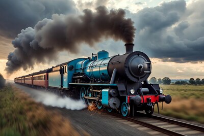 Blue Steam Train Speeding Through Fields