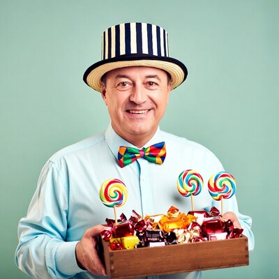 Man holding candy box with lollipops