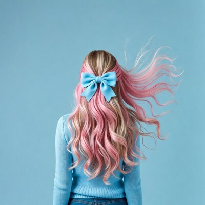 Woman with pink hair and blue bow