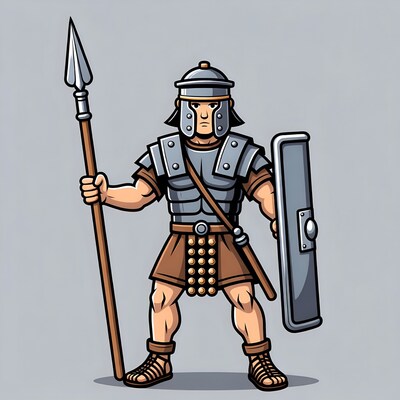 Muscular Roman soldier with spear and shield