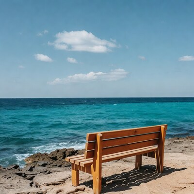 Wooden bench facing turquoise ocean