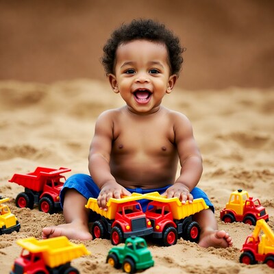 African-American baby playing with toy trucks in sand