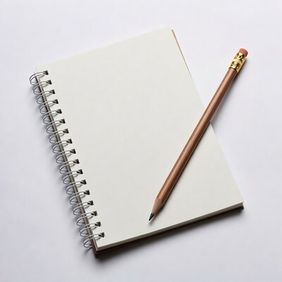 Open spiral notebook with pencil