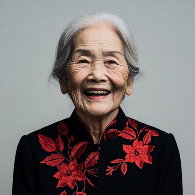 Elderly Asian woman smiling in red embroidered jacket