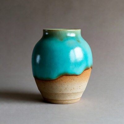 Teal Ceramic Vase with Brown Base